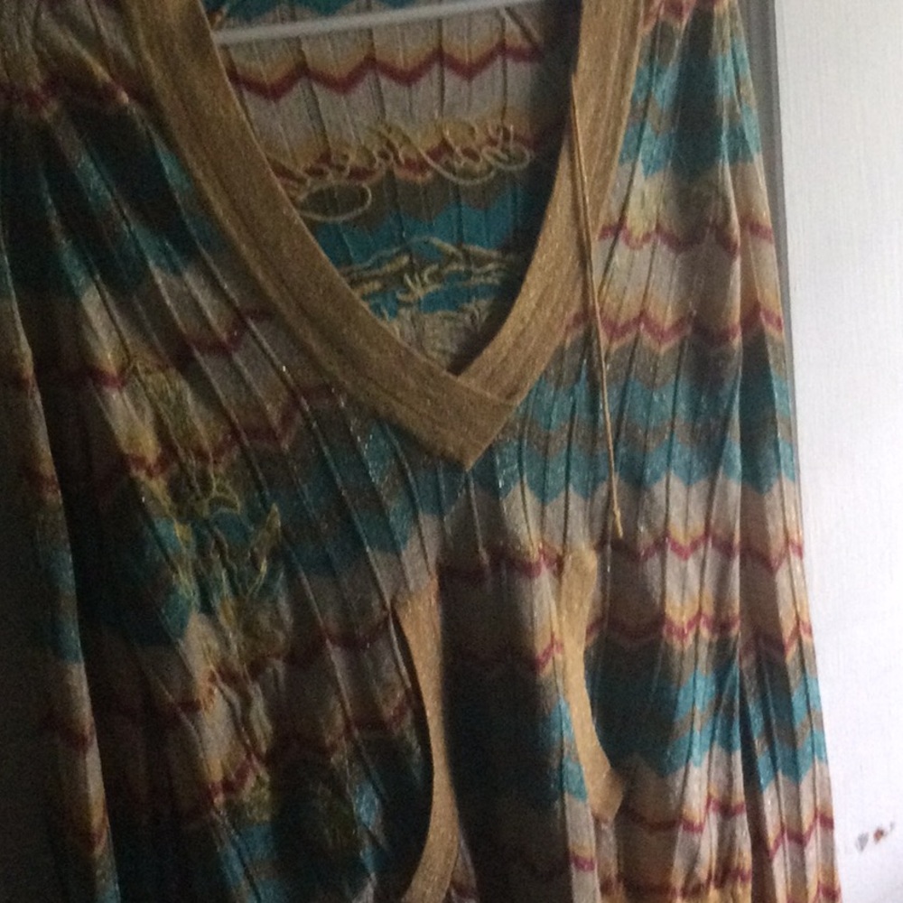 Pleated V-Neck Tunic hoodie in Teal, Gold & Brown